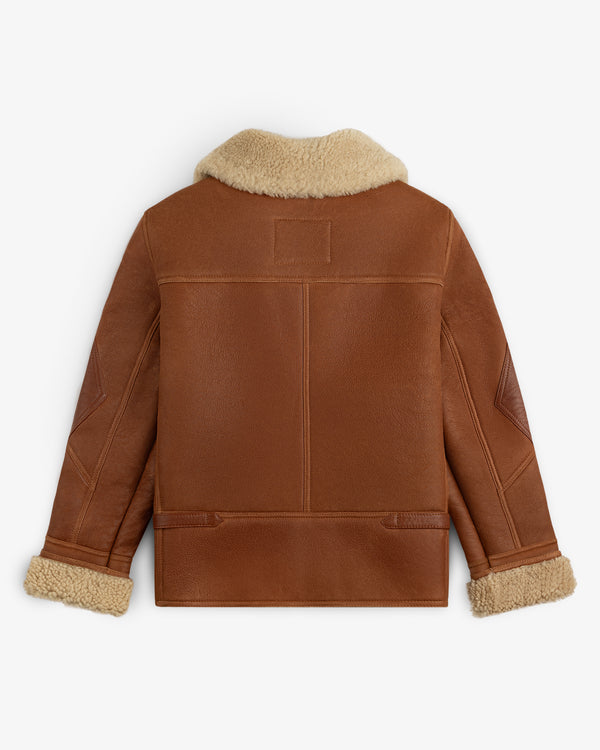 Back view of a brown leather Shearling Bomber Jacket with a cream-colored shearling collar and cuffs.