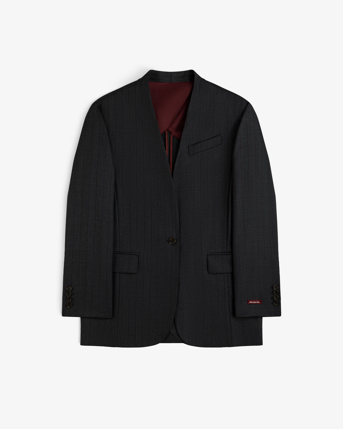Collarless Striped Blazer in dark grey with pinstripes and a burgundy lining.