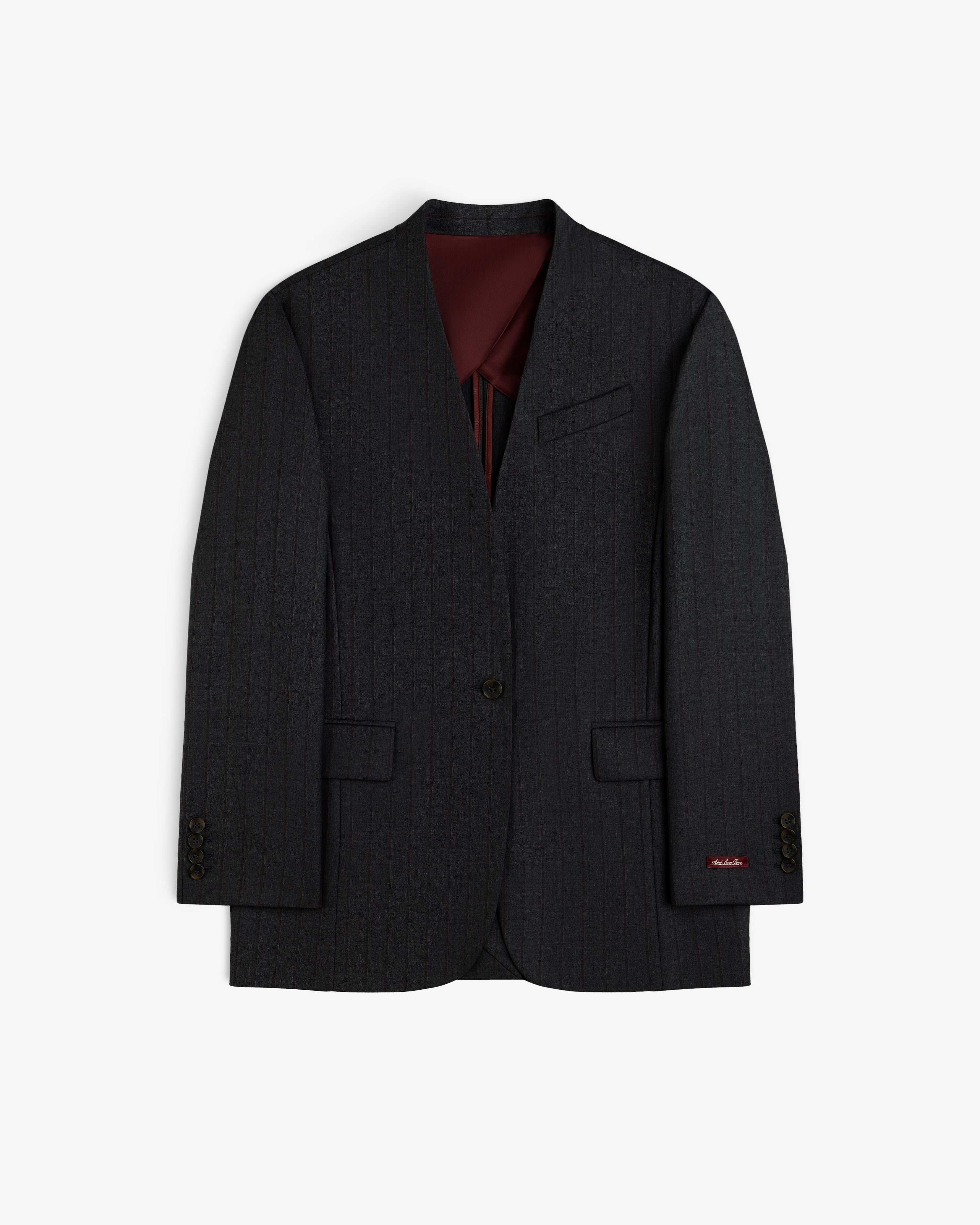 Collarless Striped Blazer in dark grey with pinstripes and a burgundy lining.