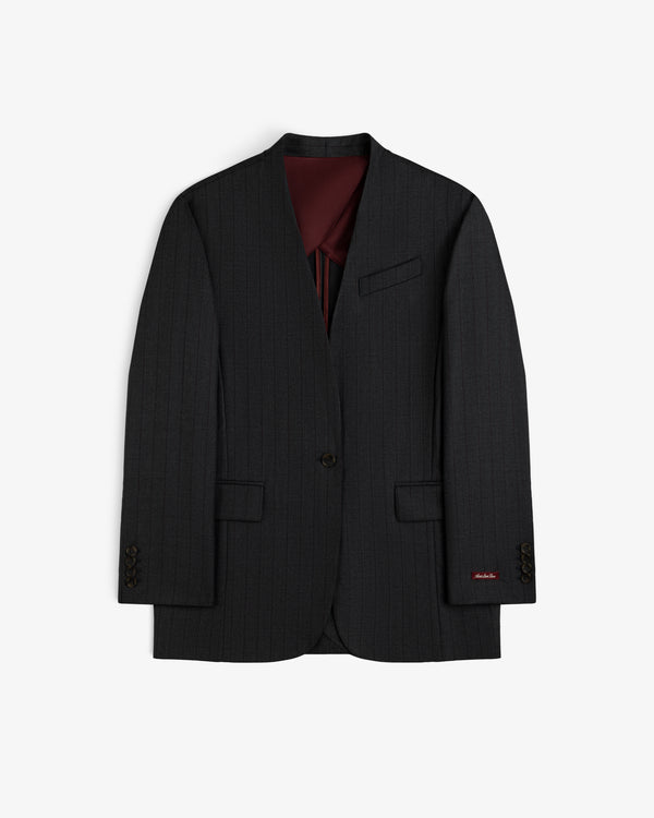 Collarless Striped Blazer in dark grey with pinstripes and a burgundy lining.