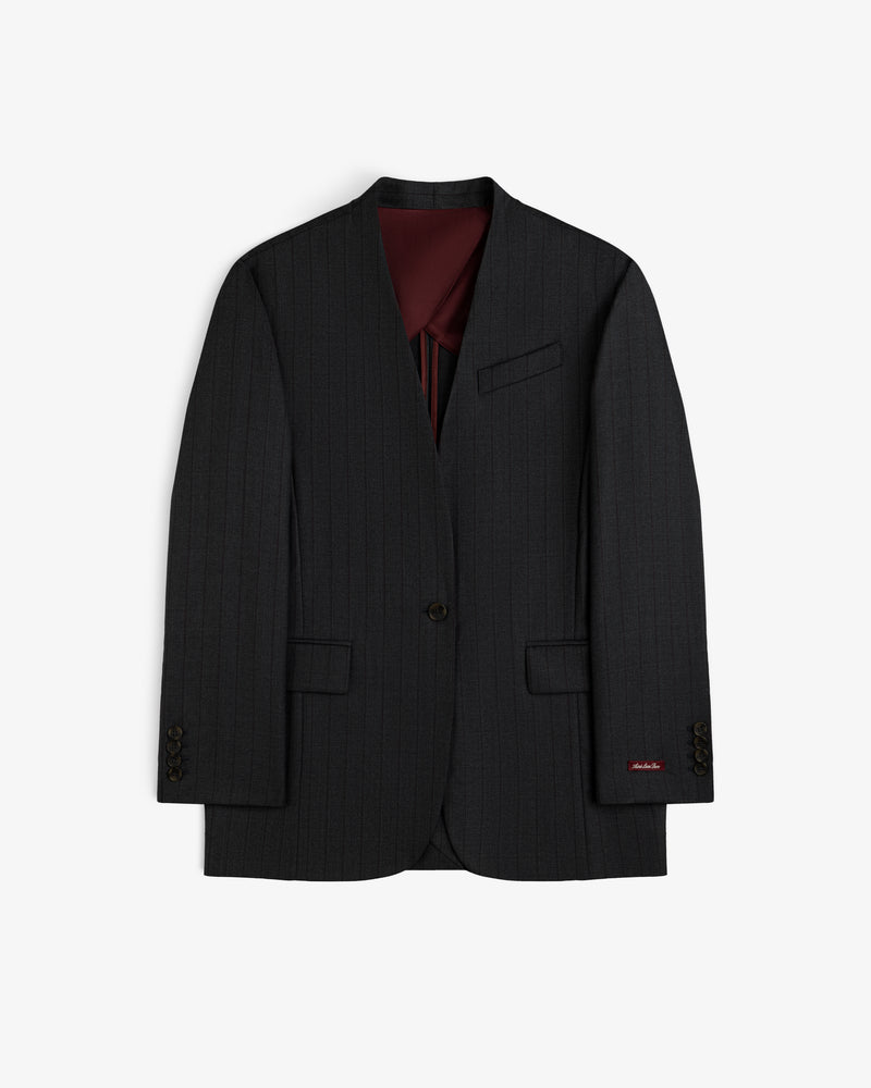 Collarless Striped Blazer in dark grey with pinstripes and a burgundy lining.