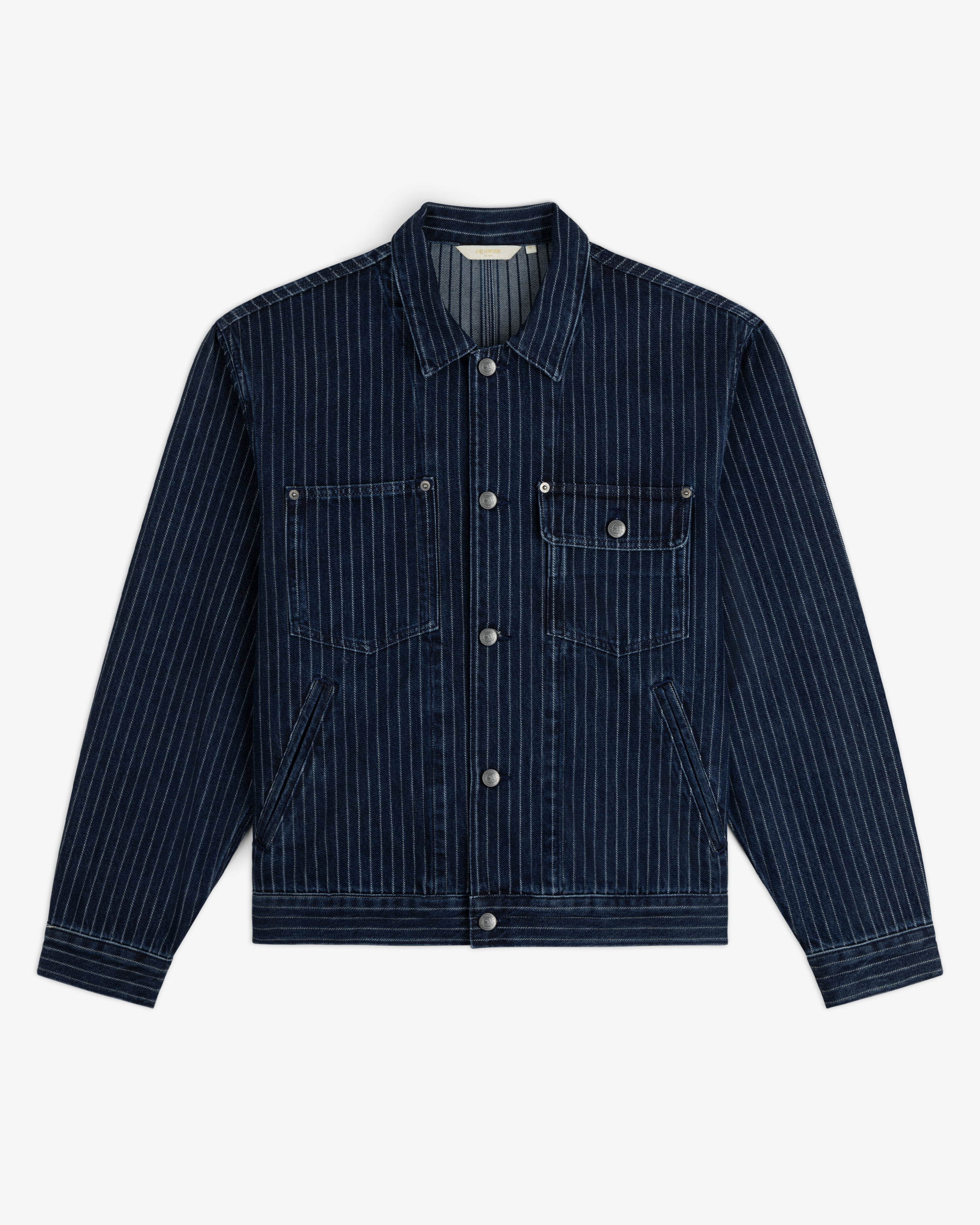 Chalk Stripe Denim Trucker Jacket with button front, two chest pockets, and angled side pockets.