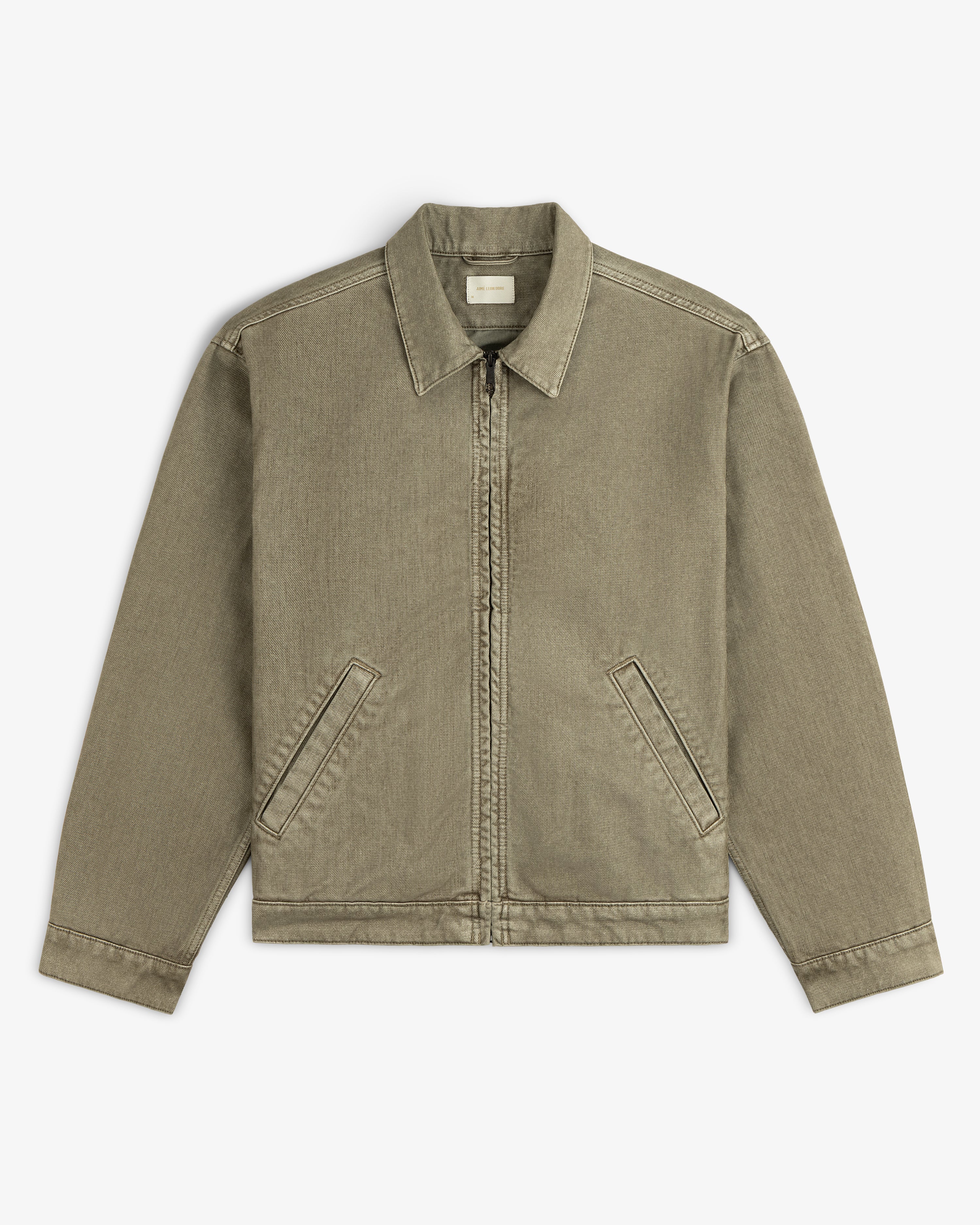 Olive green Flocked Denim collared zip-up jacket with two slanted front pockets.