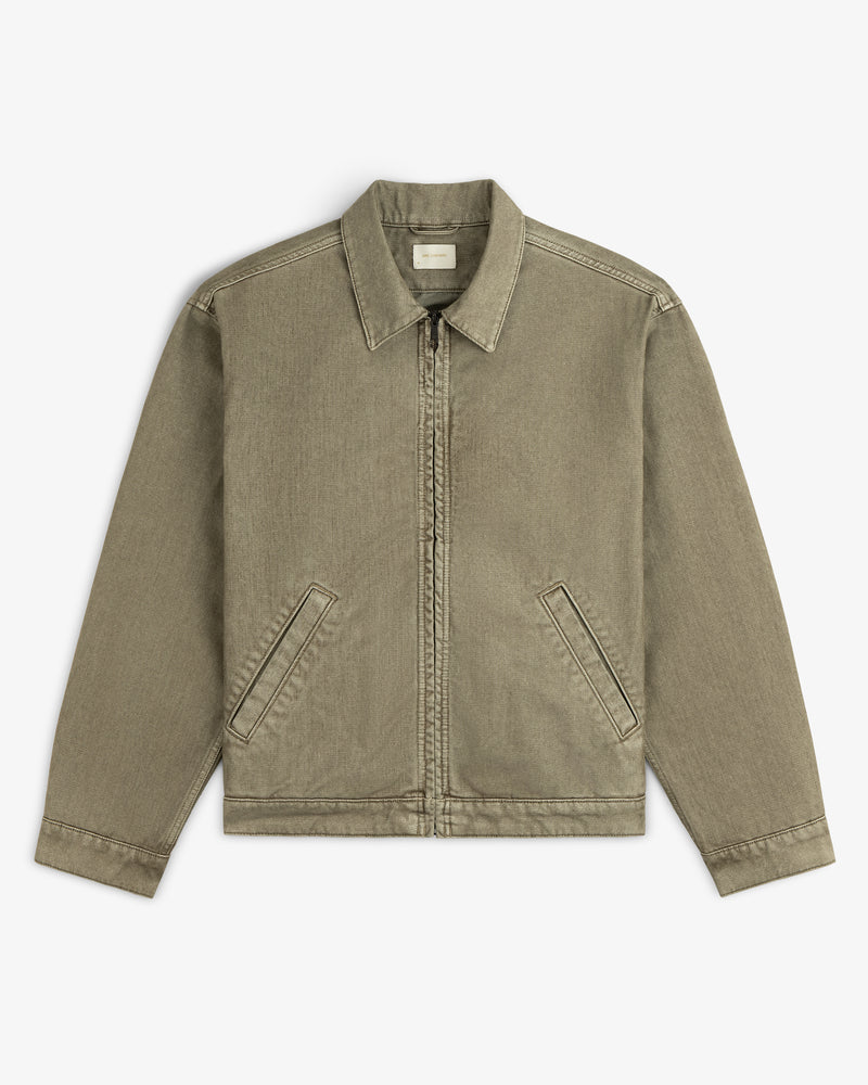 Olive green Flocked Denim collared zip-up jacket with two slanted front pockets.