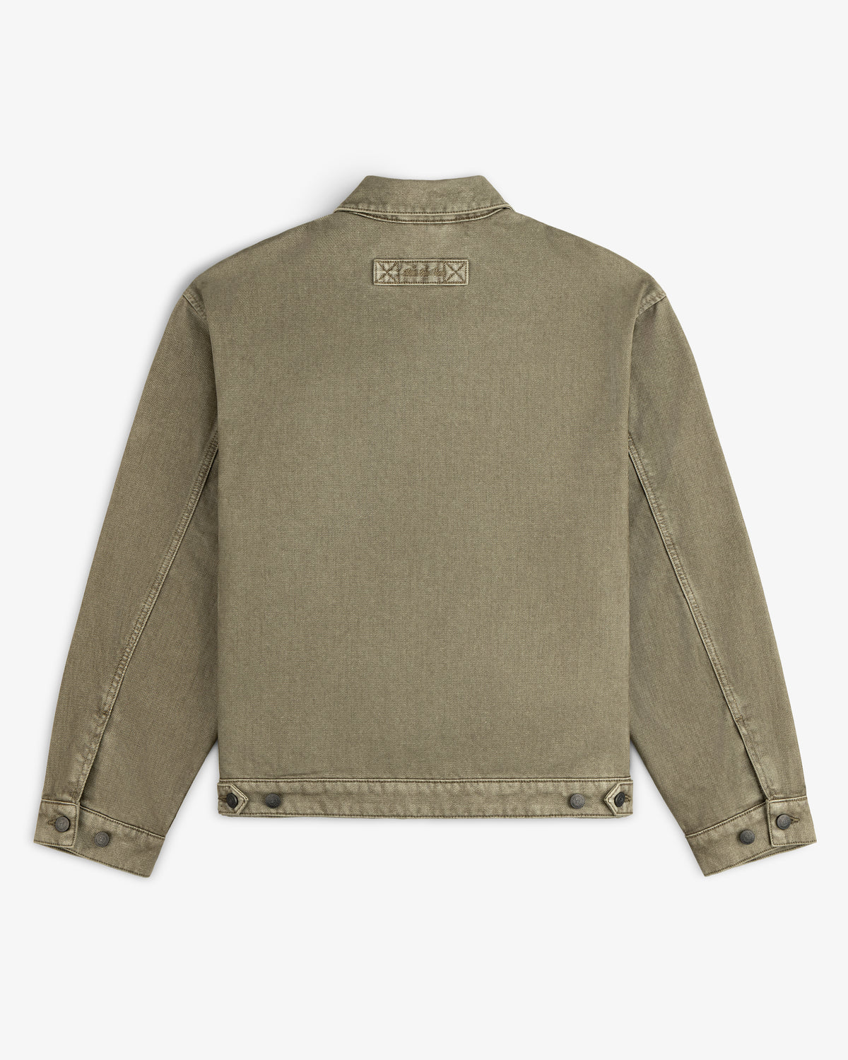 Back view of an olive green Flocked Denim Jacket with a rectangular patch at the nape of the neck.
