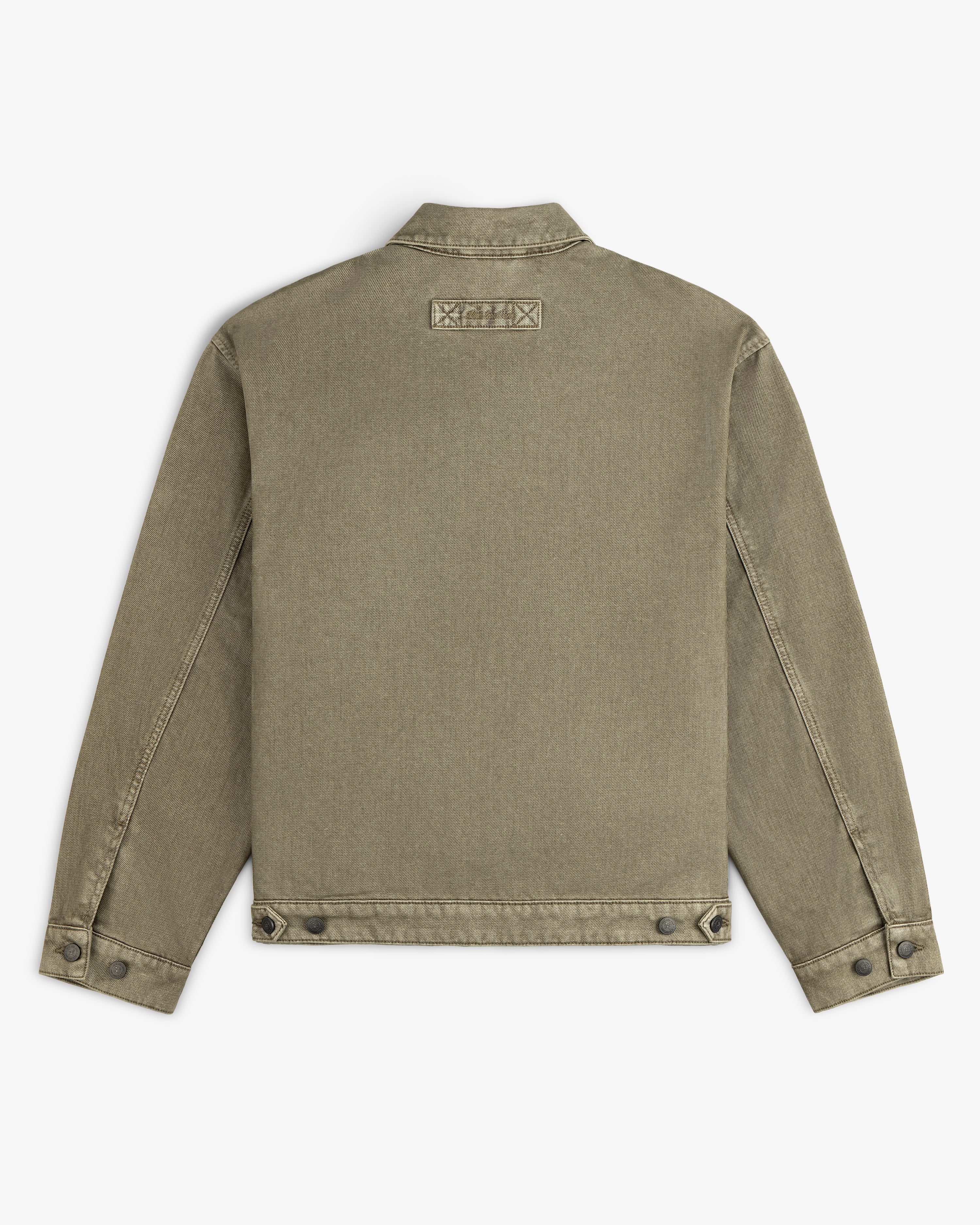 Back view of an olive green Flocked Denim Jacket with a rectangular patch at the nape of the neck.