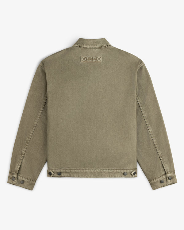 Back view of an olive green Flocked Denim Jacket with a rectangular patch at the nape of the neck.