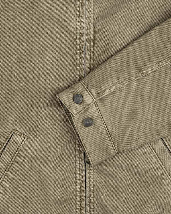 Olive green Flocked Denim Jacket sleeve with buttoned cuffs and two pockets.