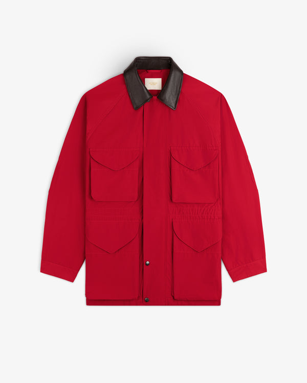 Lightweight Barn Jacket in red with 4 front flap pockets and a black collar, shown on a white background.