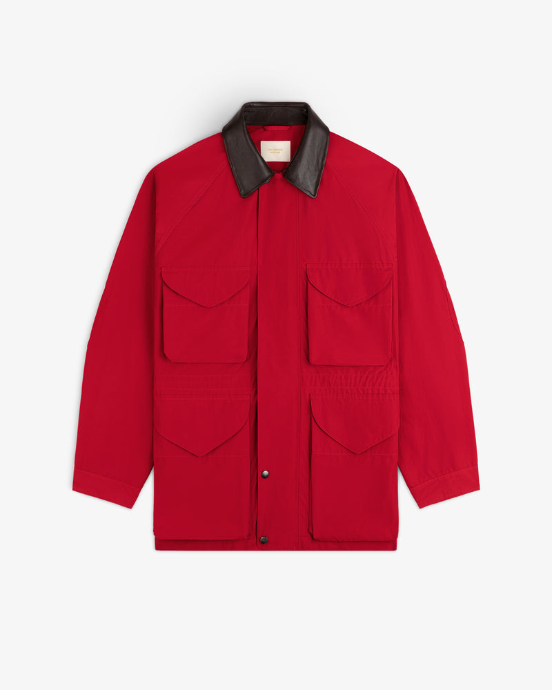 Lightweight Barn Jacket in red with 4 front flap pockets and a black collar, shown on a white background.