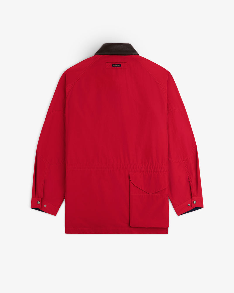 Lightweight Barn Jacket in red with dark collar, buttoned cuffs, and flap pocket, shown from the back on white.