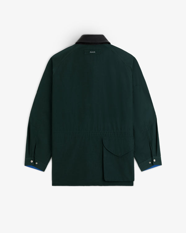 Back view of the Lightweight Barn Jacket in dark green with a black collar and side pocket, on a white background.
