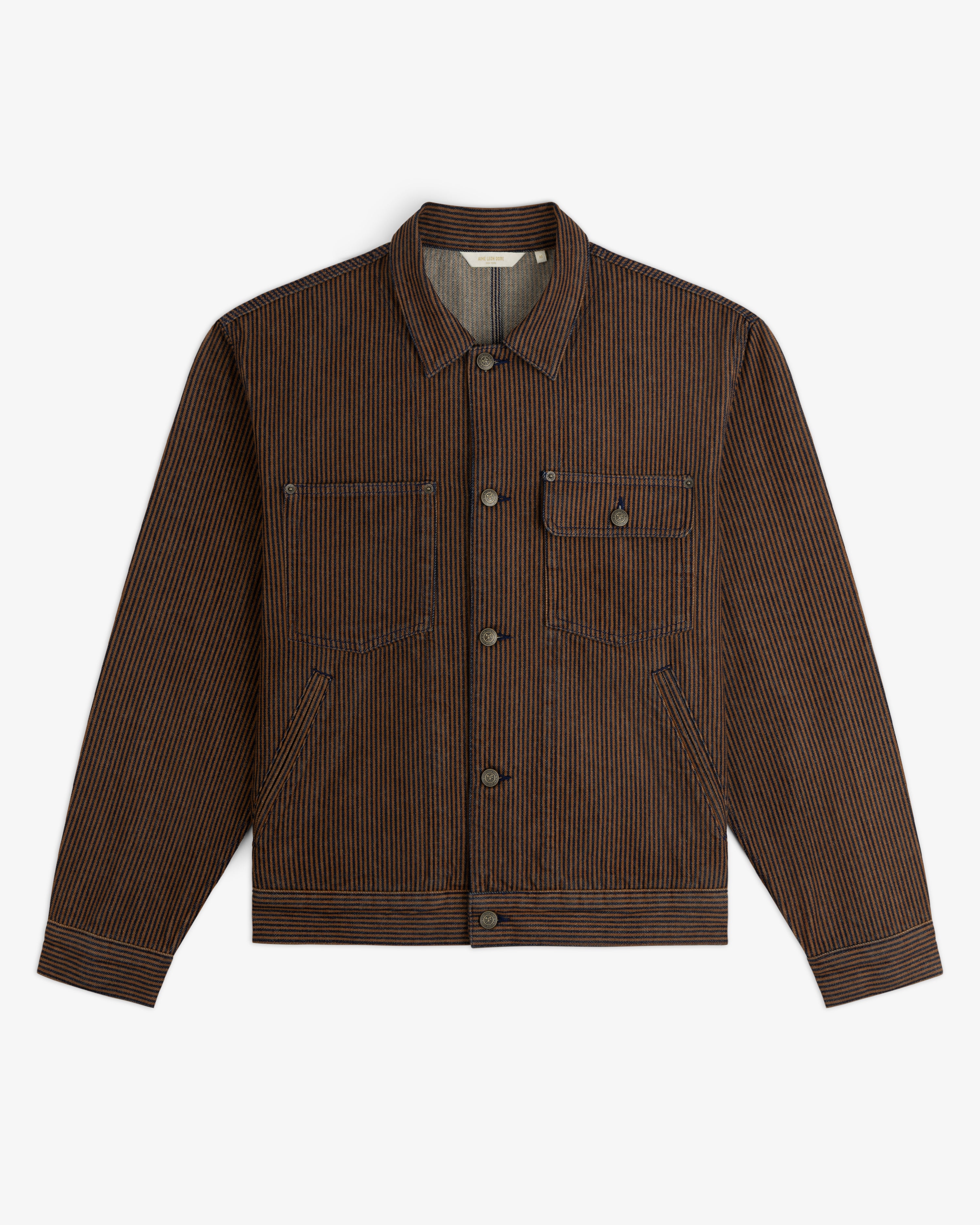 Hickory Stripe Denim Trucker Jacket with brown and black stripes, front pockets, collar, and long sleeves on white.