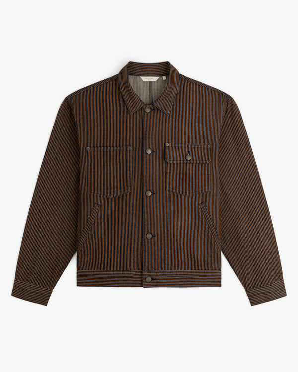 Hickory Stripe Denim Trucker Jacket with brown and black stripes, front pockets, collar, and long sleeves on white.