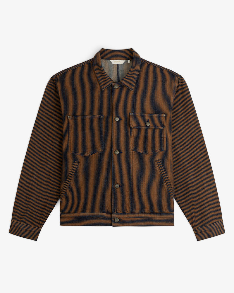 Hickory Stripe Denim Trucker Jacket with brown and black stripes, front pockets, collar, and long sleeves on white.