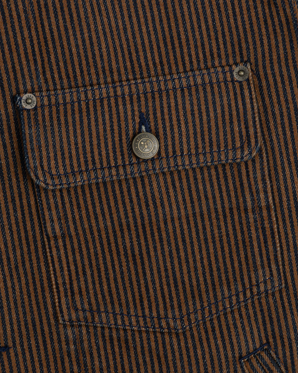 Hickory Stripe Denim Trucker Jacket: brown/navy vertical stripes, buttoned pocket, two metal fasteners.