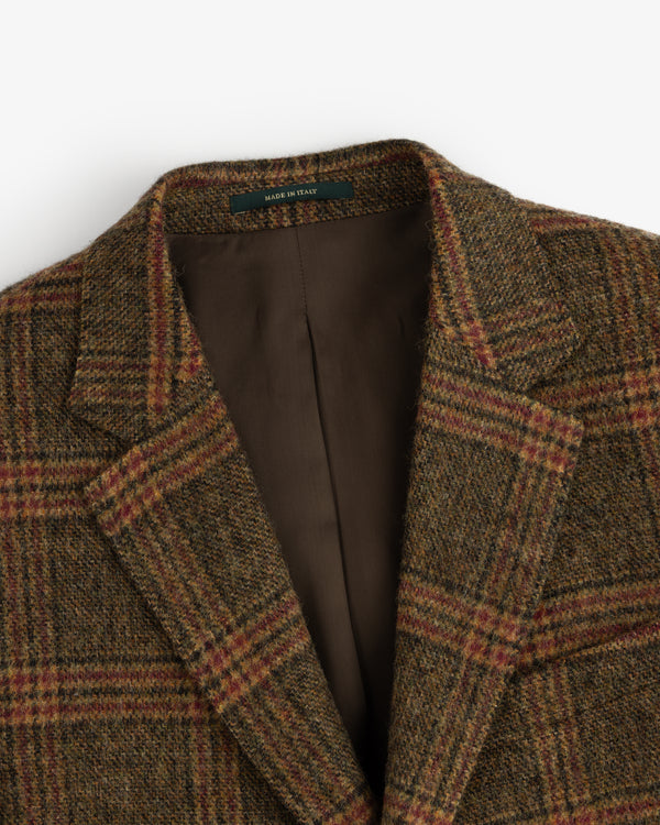 Single-Breasted Plaid Tweed Suit Jacket in brown and red with a Made in Italy label at the inner neckline.