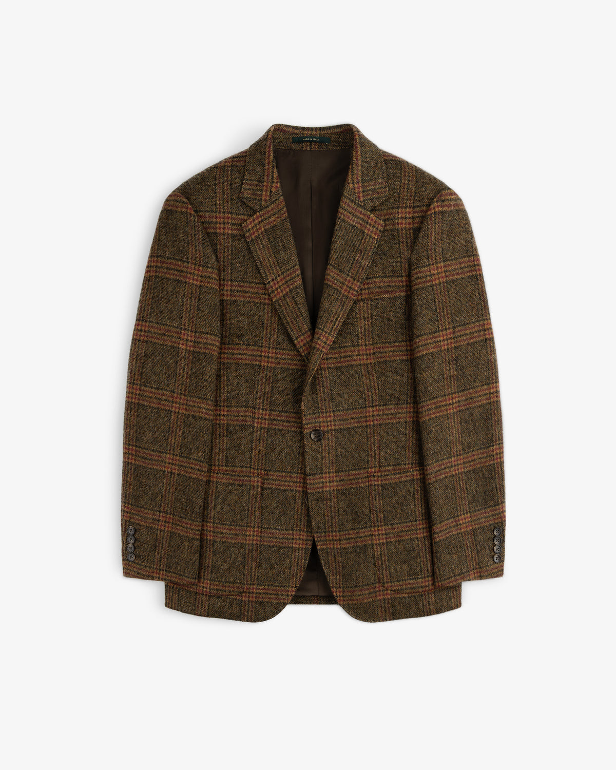 Single-Breasted Plaid Tweed Suit Jacket in brown with a single-button closure.