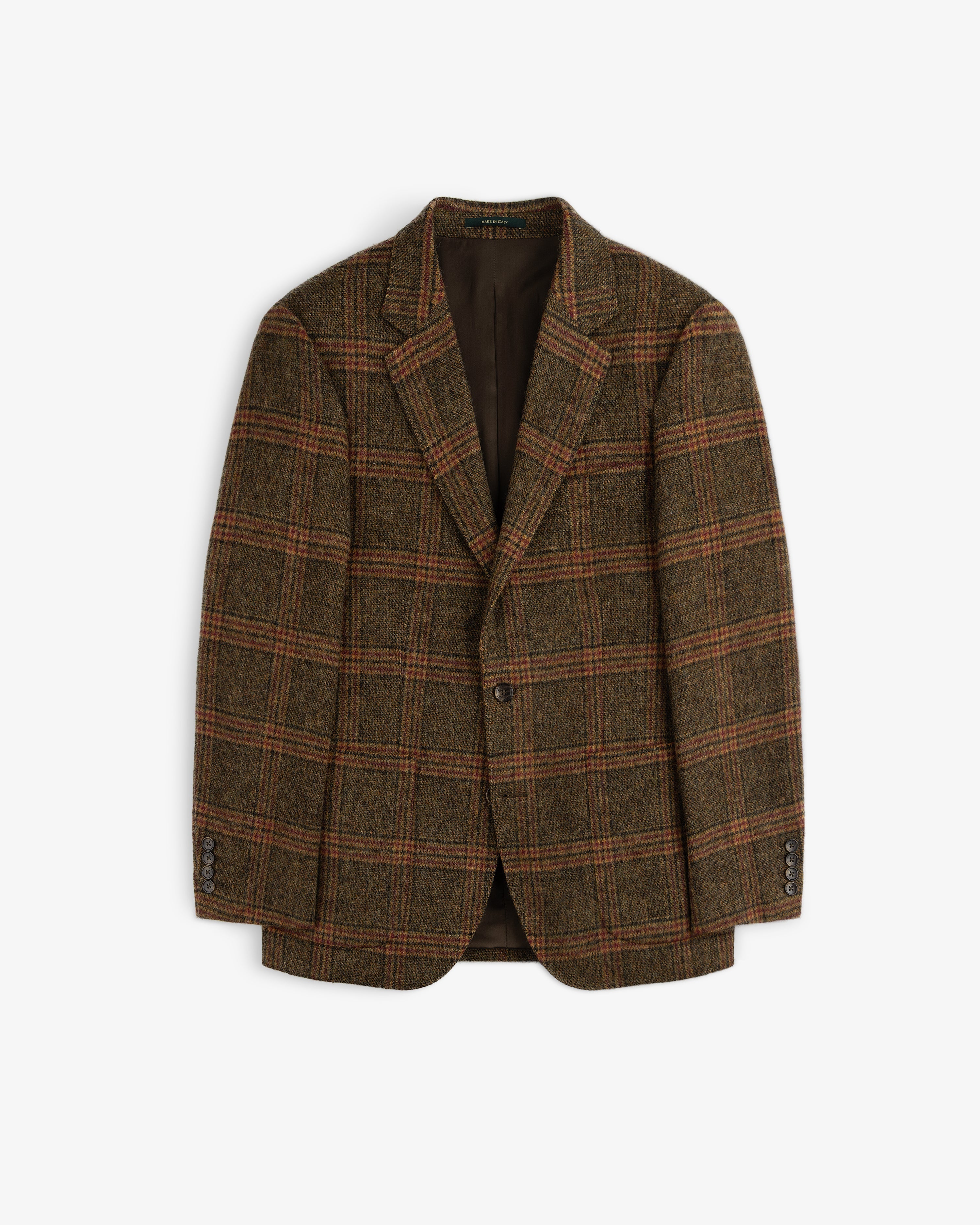 Single-Breasted Plaid Tweed Suit Jacket in brown with a single-button closure.