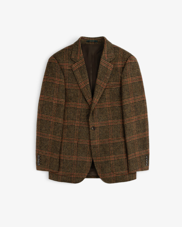 Single-Breasted Plaid Tweed Suit Jacket in brown with a single-button closure.