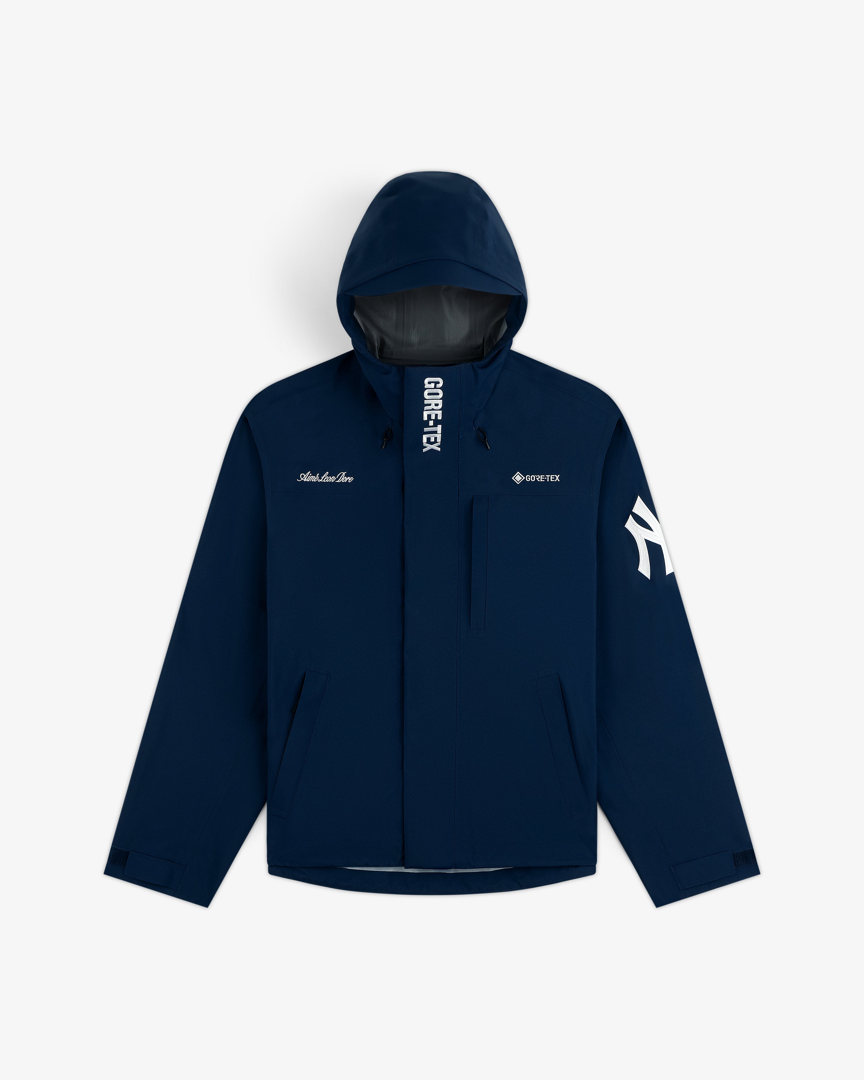 Yankees GORE-TEX Rain Delay Jacket in navy with a white NY sleeve logo and white text on chest and collar.