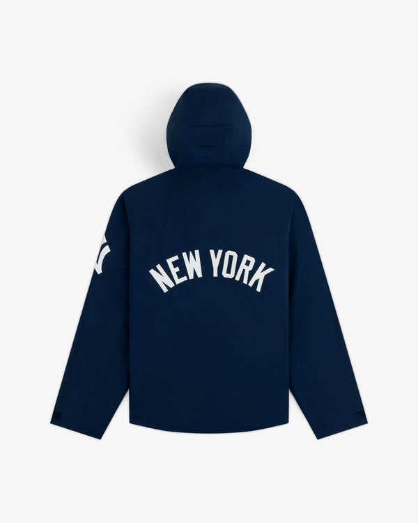 Yankees GORE-TEX Rain Delay Jacket: Navy, NEW YORK in white on back, white logo on right sleeve.