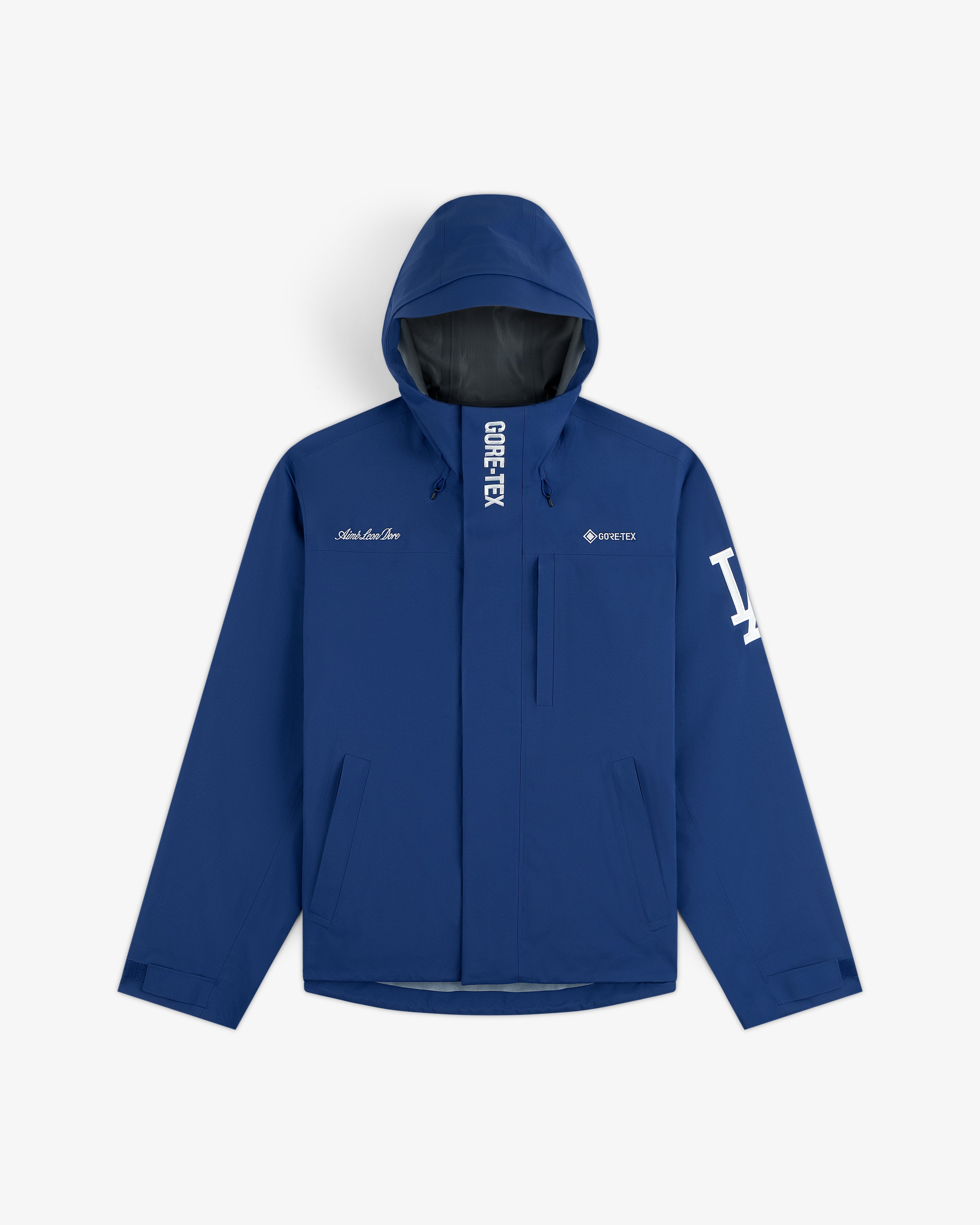 Dodgers GORE-TEX Rain Delay Jacket: Blue, hooded, LA sleeve logo, front zip, and two zippered pockets.