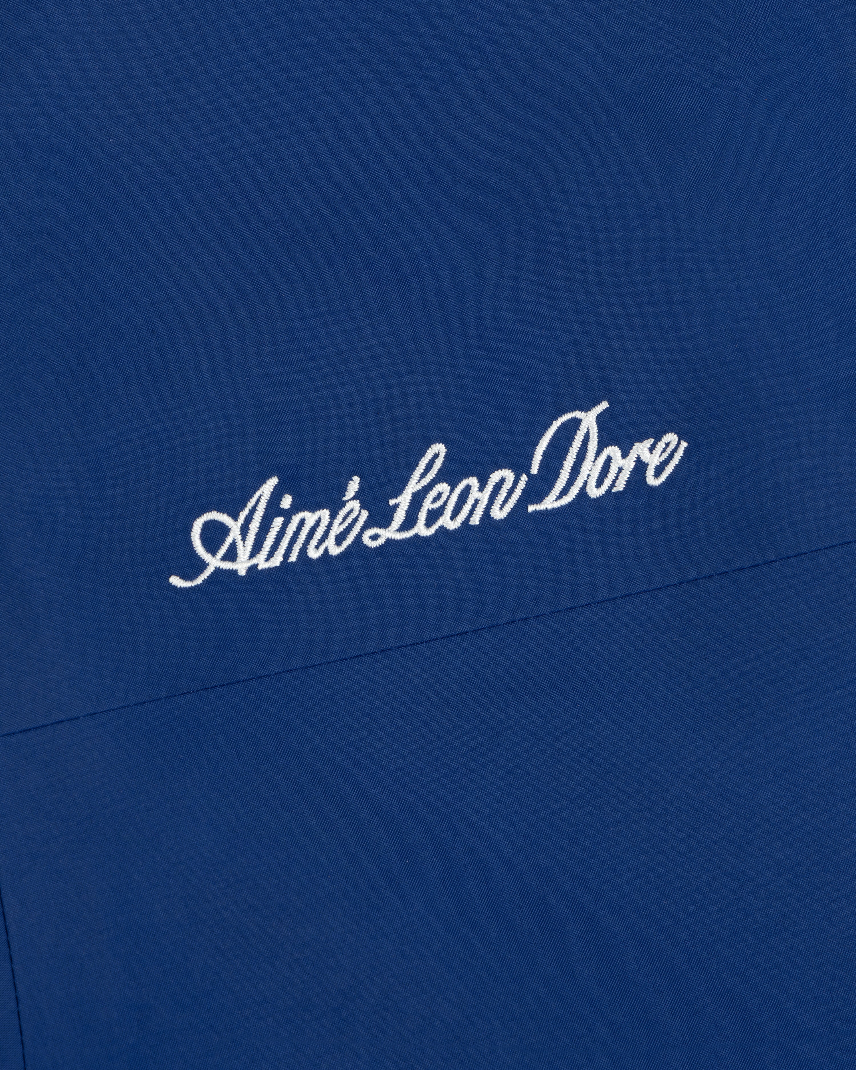 Close-up of blue Dodgers GORE-TEX Rain Delay Jacket with Aimé Leon Dore embroidered in white cursive letters.
