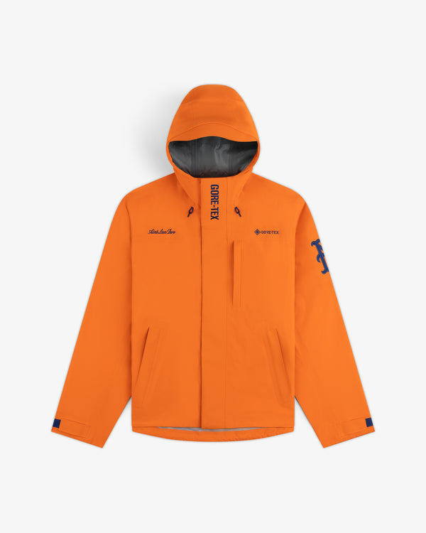 Mets GORE-TEX Rain Delay Jacket: bright orange, hooded, front zipper, side pockets, navy blue lettering.