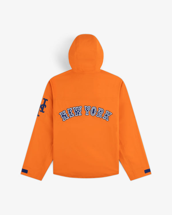 Mets GORE-TEX Rain Delay Jacket: Orange, “NEW YORK” in blue/white on back, blue logo on left sleeve.