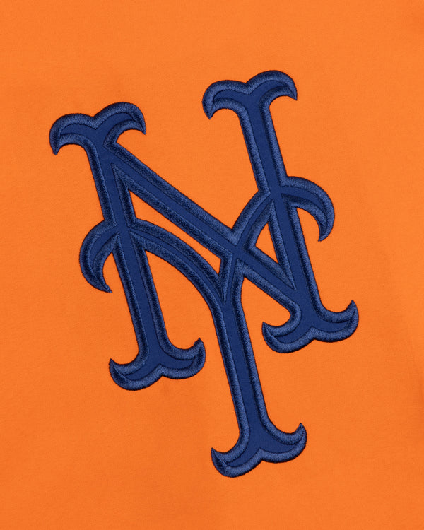 Mets GORE-TEX Rain Delay Jacket: Blue NY logo on orange, showcasing New York Mets pride.