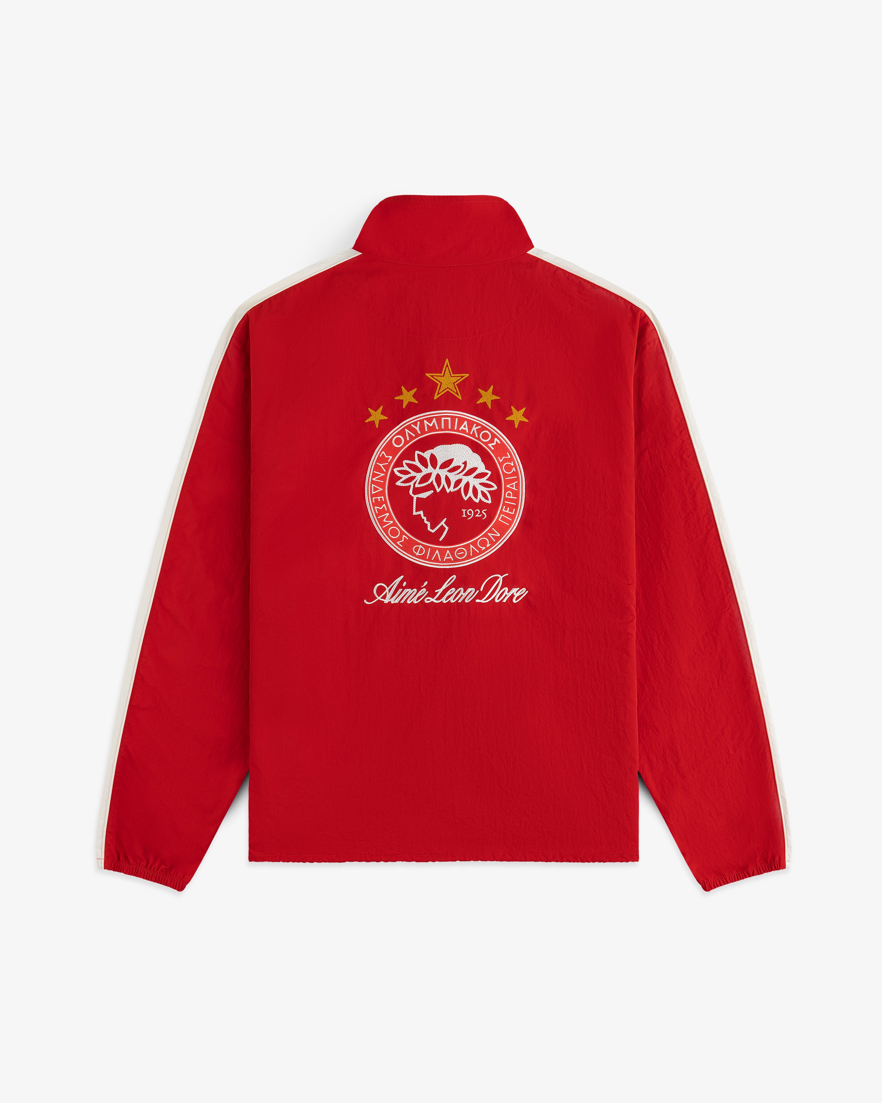 Red ALD / Olympiacos F.C. Nylon Quarter Zip Pullover with white side stripes and a team logo on the back.