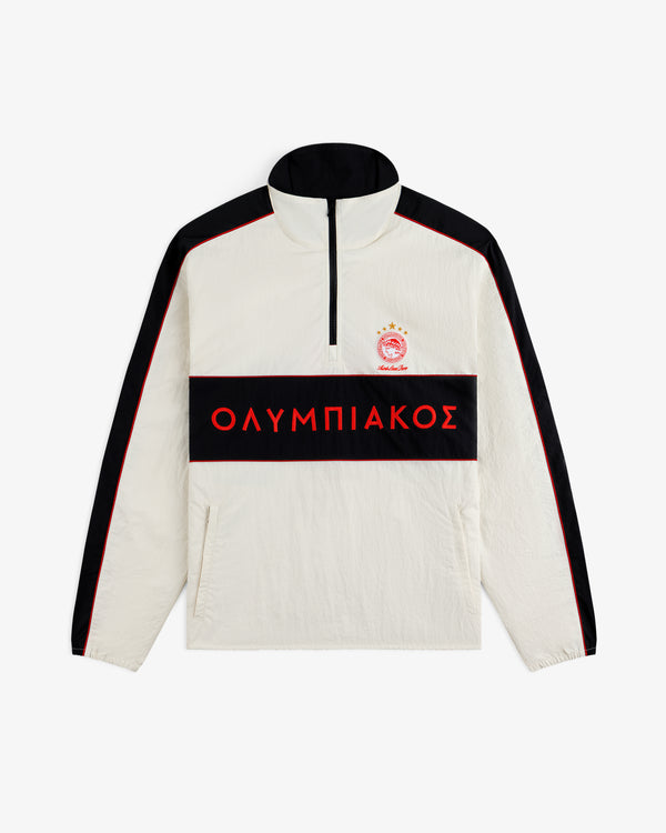 ALD / Olympiacos F.C. Nylon Quarter Zip Pullover in off-white with black sleeves, a chest stripe, and red Greek lettering.