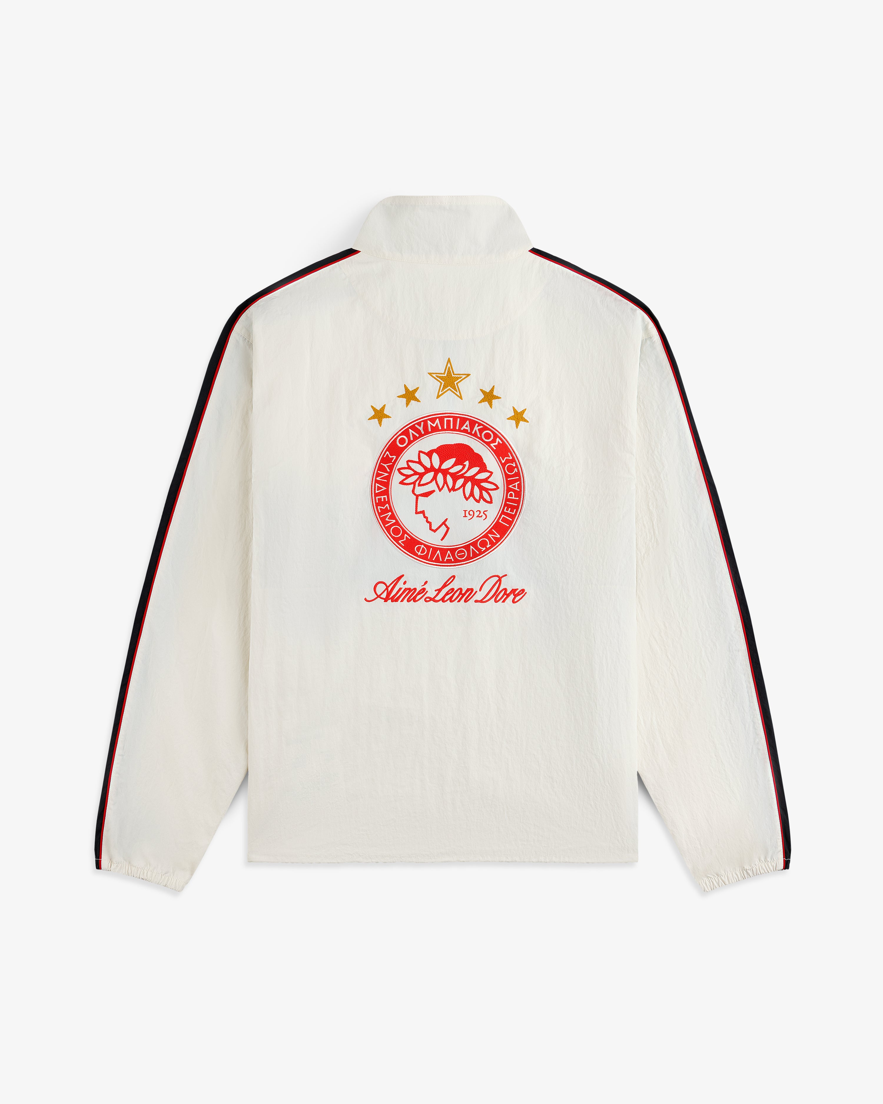 Off-white nylon ALD / Olympiacos F.C. Nylon Quarter Zip Pullover with a red and gold sports crest and back embroidery.