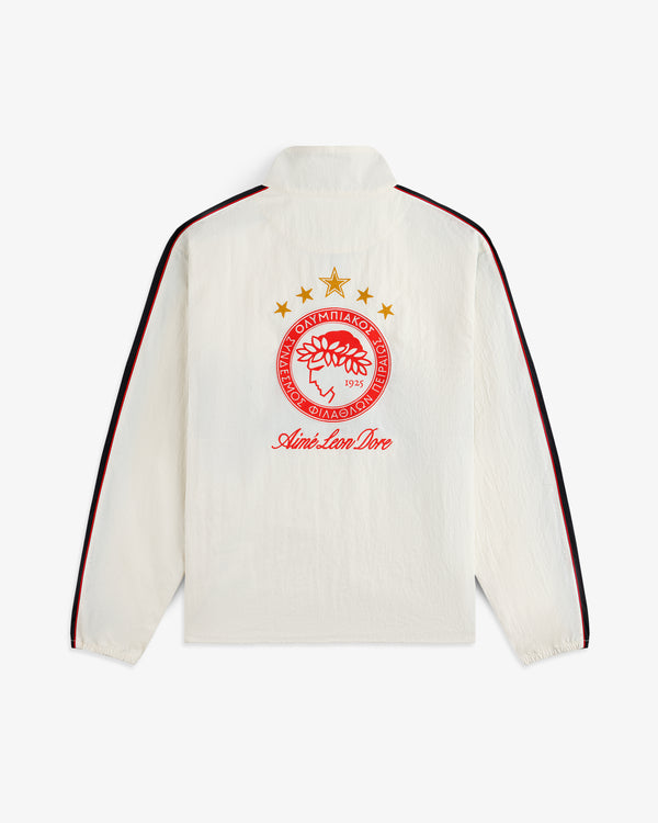 Off-white nylon ALD / Olympiacos F.C. Nylon Quarter Zip Pullover with a red and gold sports crest and back embroidery.