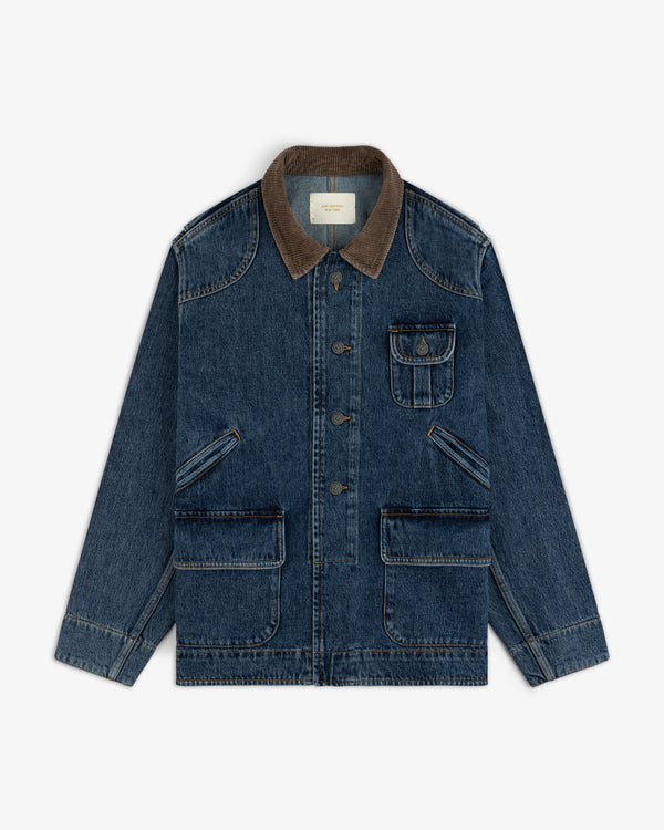 Denim Chore Coat in dark denim with a brown corduroy collar, four front pockets, and a button-front closure.
