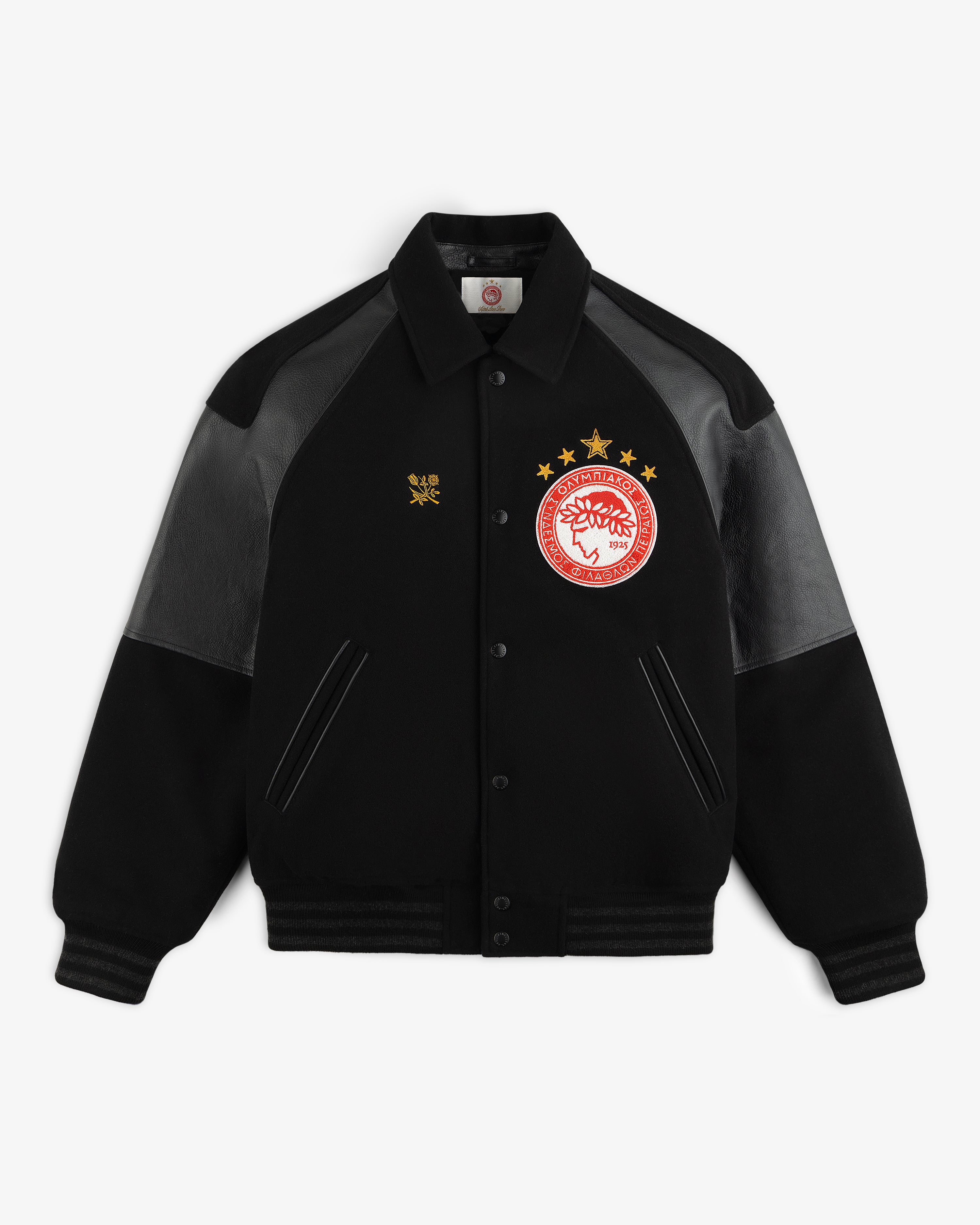 ALD / Olympiacos F.C. Team Leather Jacket: black varsity style with leather sleeves, chest patch, and gold embroidery.