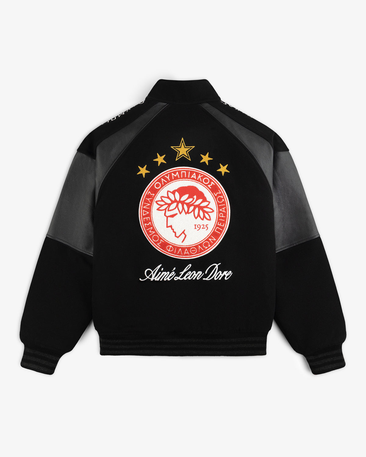 Back view of a black ALD / Olympiacos F.C. Team Leather Jacket with a team logo, gold stars, and script text.