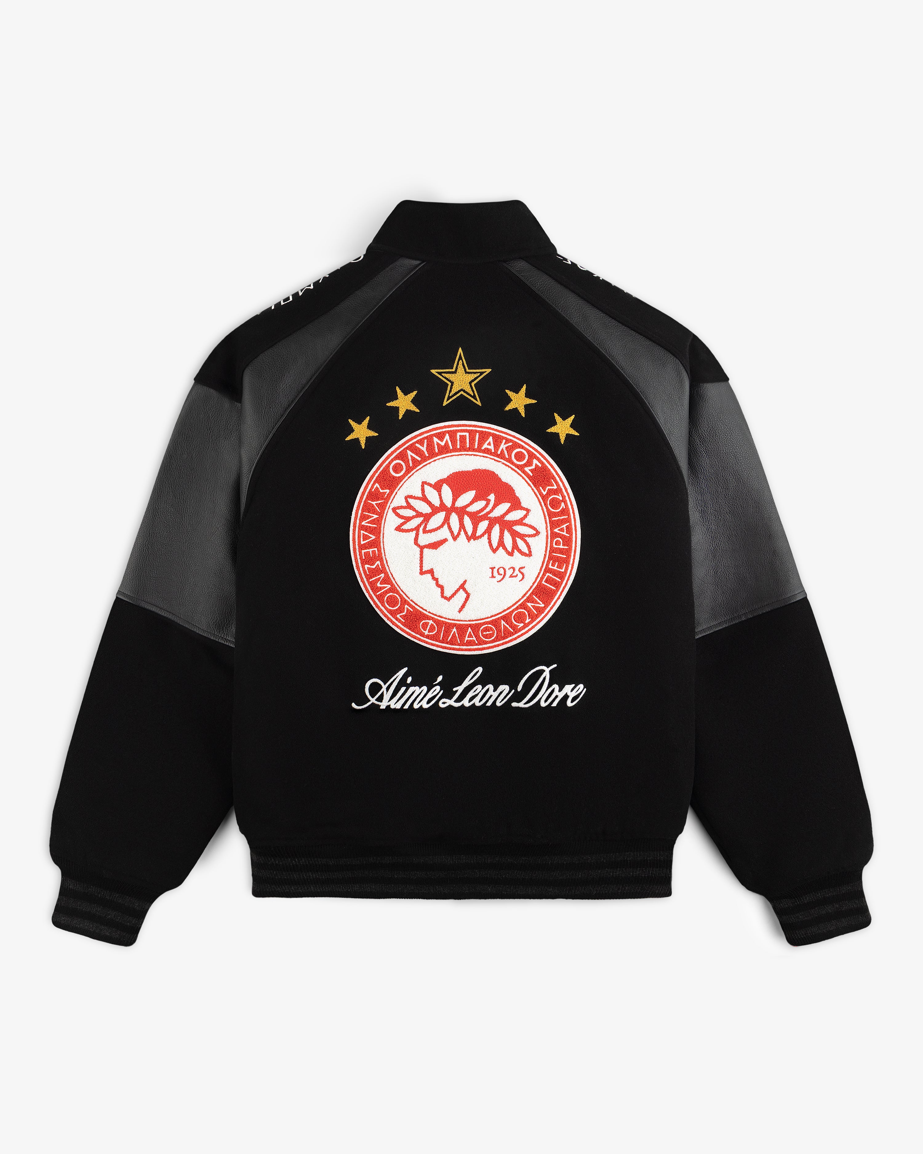 Back view of a black ALD / Olympiacos F.C. Team Leather Jacket with a team logo, gold stars, and script text.