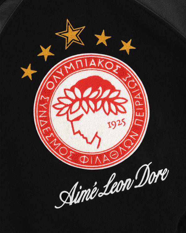 ALD / Olympiacos F.C. Team Leather Jacket with an embroidered team crest and script logo on black fabric.