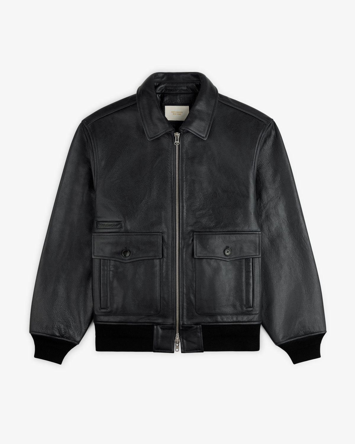 Napa Leather Bomber Jacket in black featuring a front zipper, two buttoned chest pockets, and ribbed cuffs.