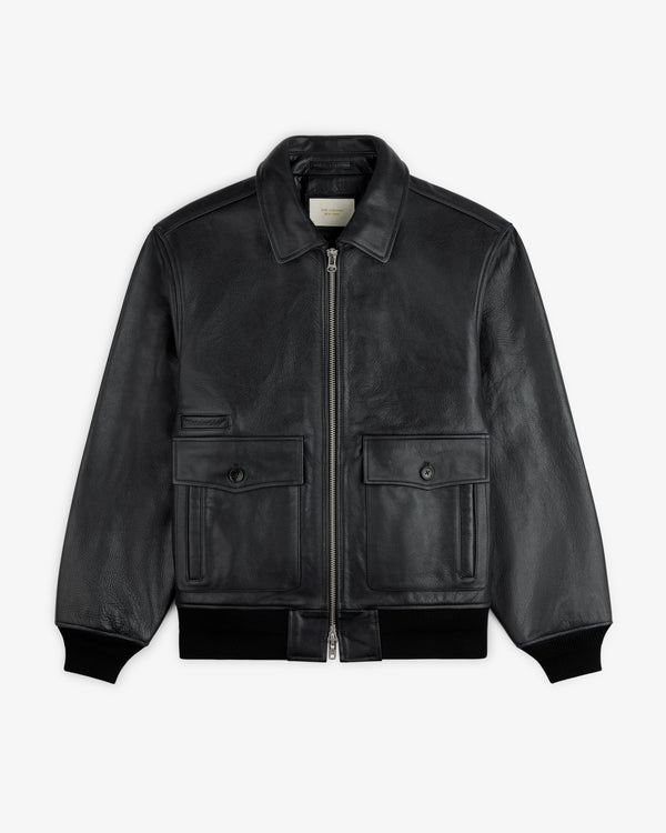 Napa Leather Bomber Jacket in black featuring a front zipper, two buttoned chest pockets, and ribbed cuffs.