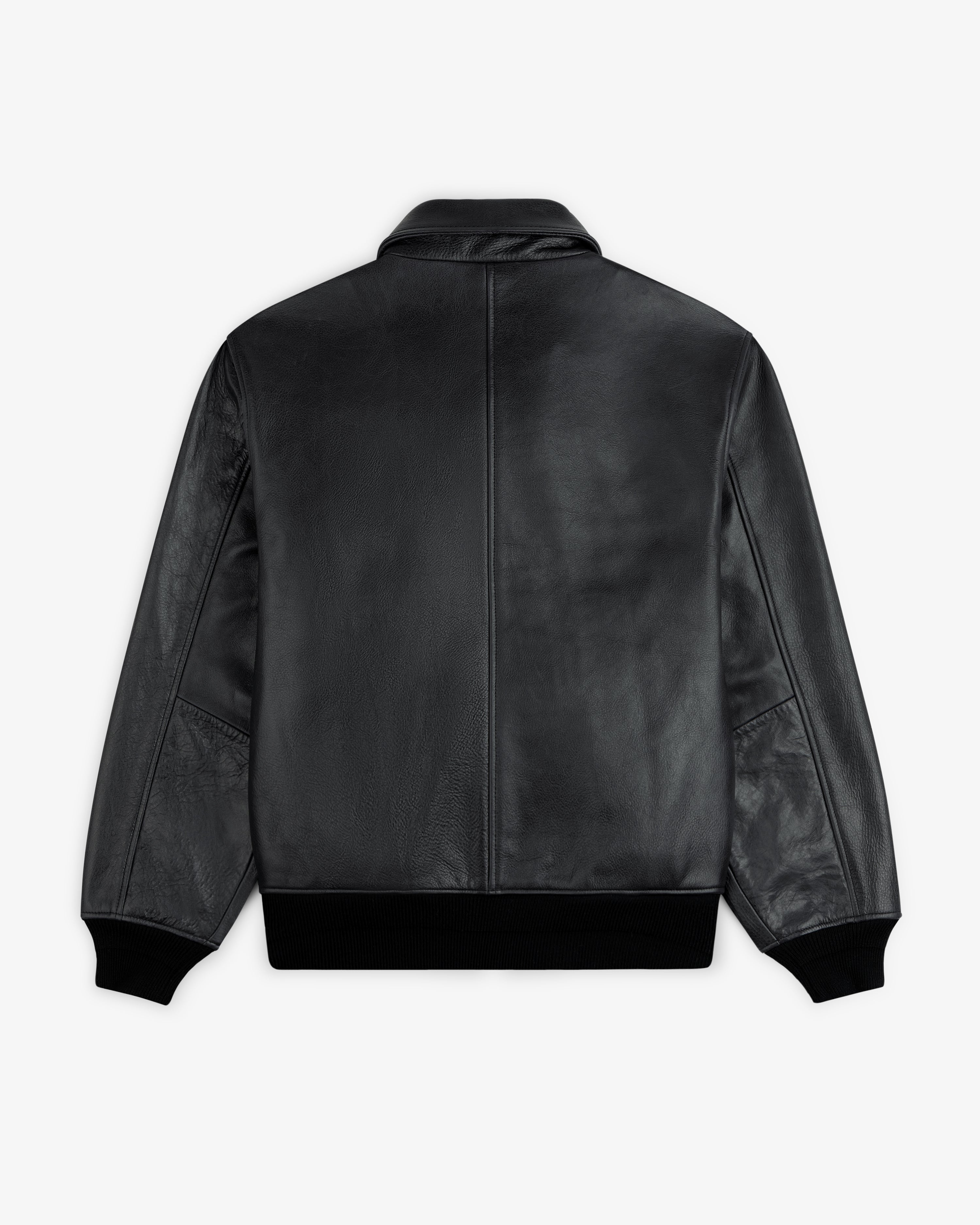 Back view of a black Napa Leather Bomber Jacket with ribbed cuffs and hem.