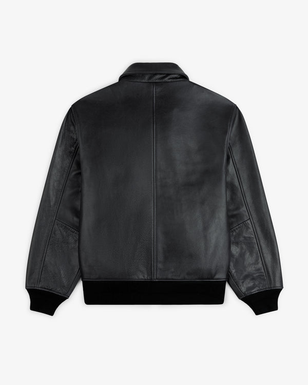 Back view of a black Napa Leather Bomber Jacket with ribbed cuffs and hem.