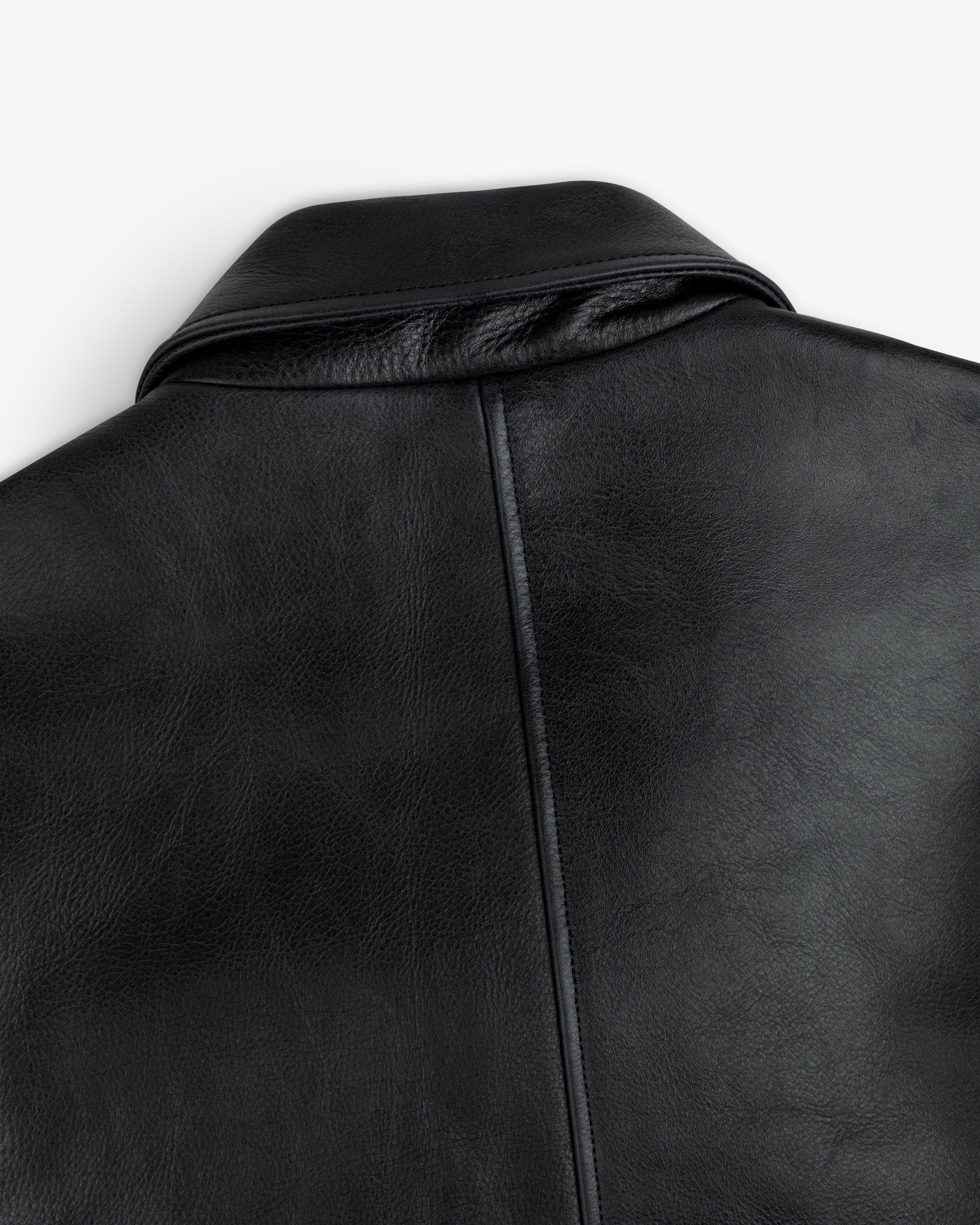 Back view of the black Napa Leather Bomber Jacket collar and shoulder seam.