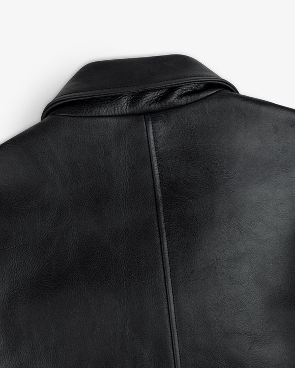 Back view of the black Napa Leather Bomber Jacket collar and shoulder seam.
