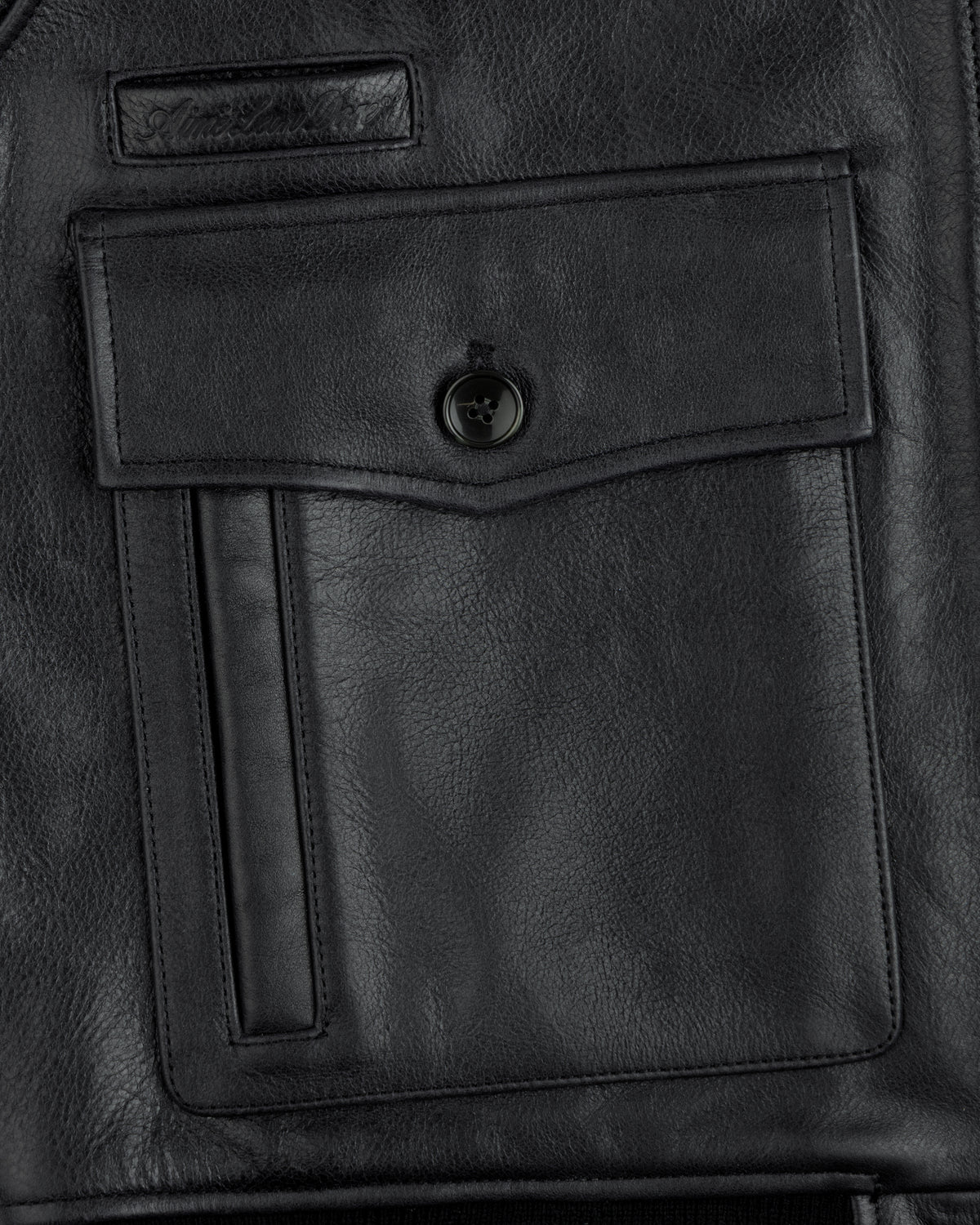 Close-up of a Napa Leather Bomber Jacket pocket with a flap, button closure, and a vertical slit pocket detail.