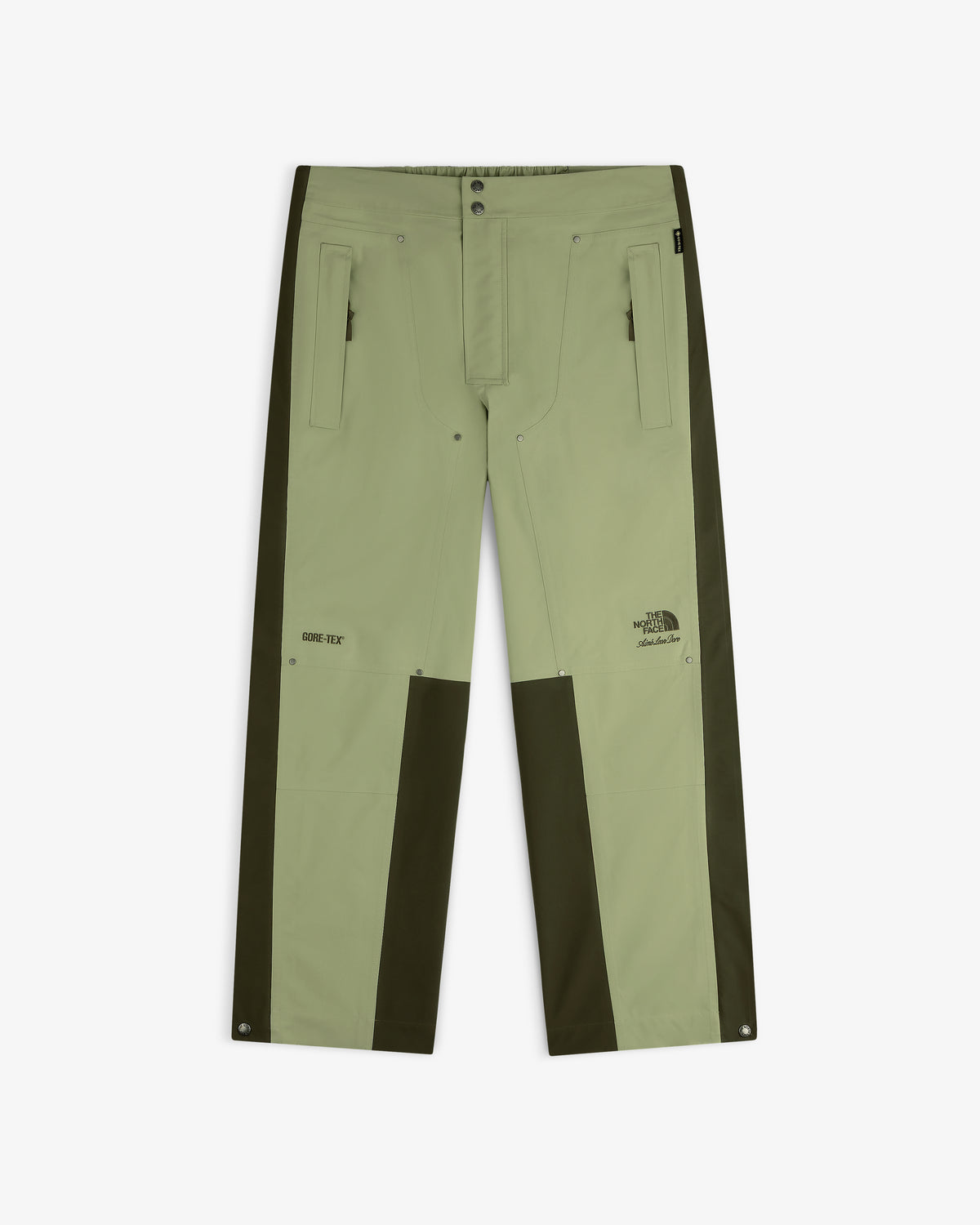 Light green ALD/The North Face GORE-TEX Pant with dark green panels, zip pockets, logos; laid flat on white.
