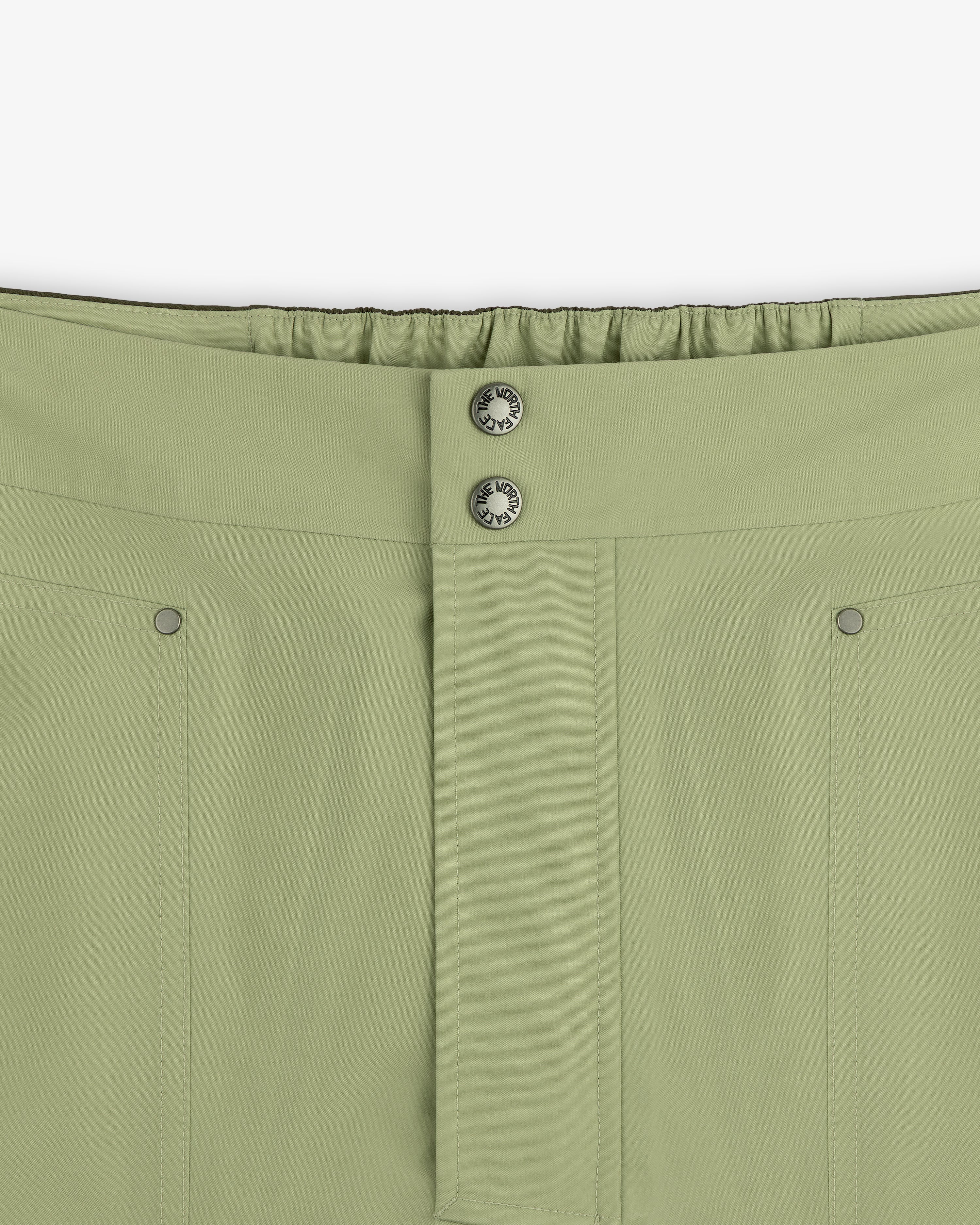 ALD / The North Face GORE-TEX Pant: light green waistband, two metal buttons, elastic back, vertical stitching.