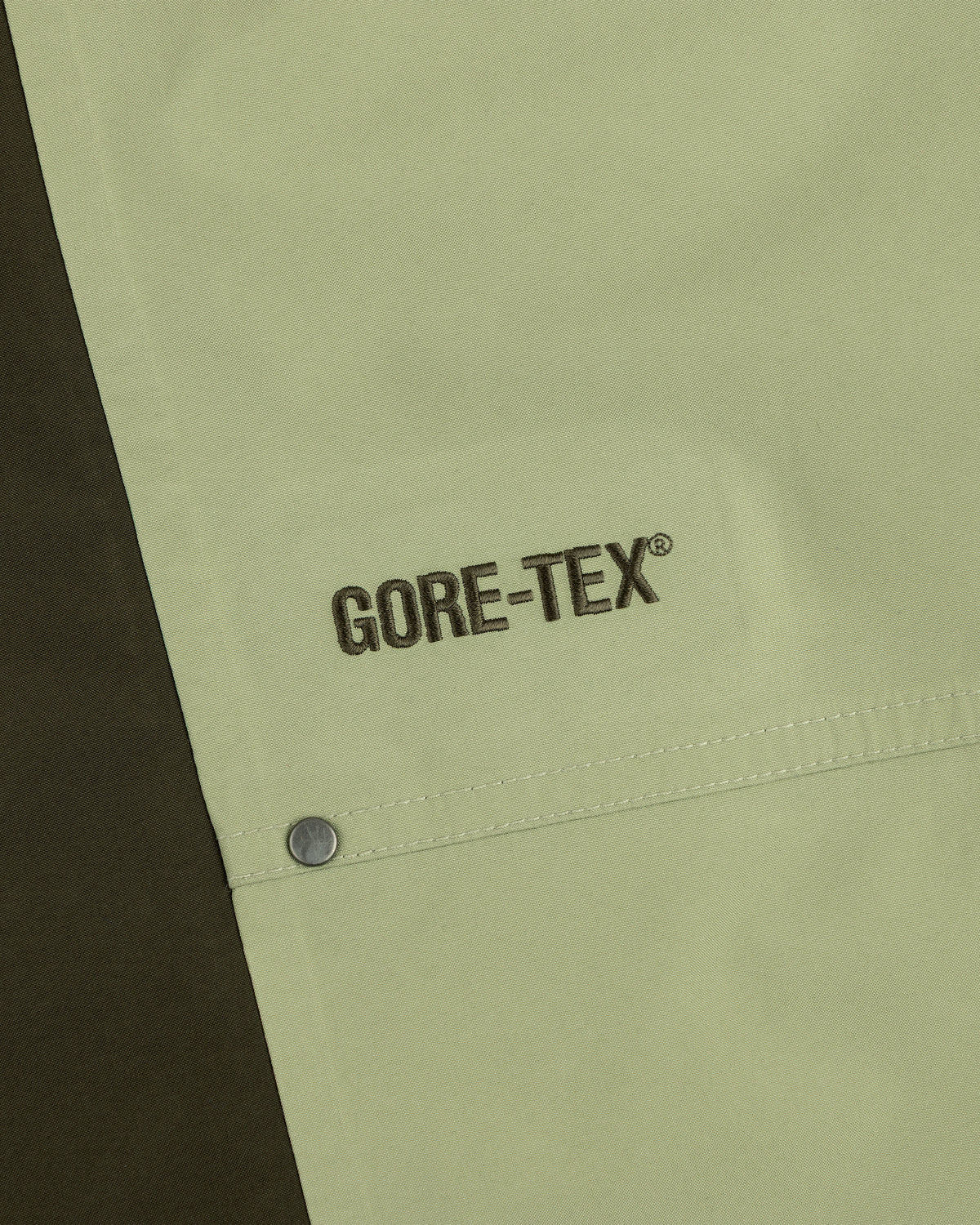 Close-up of ALD / The North Face GORE-TEX Pant in light green with logo and metal snap; dark fabric on left.